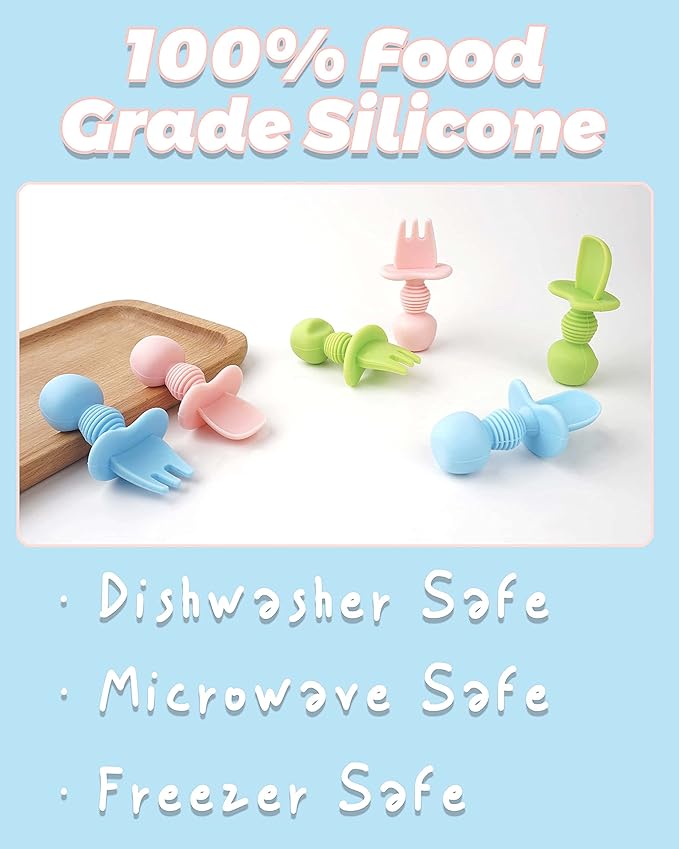 6 Pcs Silicone Baby Spoons First Stage and Fork, Toddler Utensils for Led Weaning, Chewable for Self-Feeding