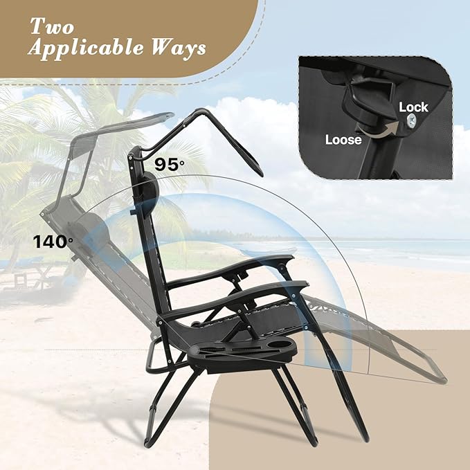 Athena Collection Zero Gravity Outdoor Lounge Chair Set of 2 with Canopy Shade, 25" Width Pool Lounge Lawn Chairs Reclining with Cup Holder, Outdoor Chaise for Beach Patio Outside, Black