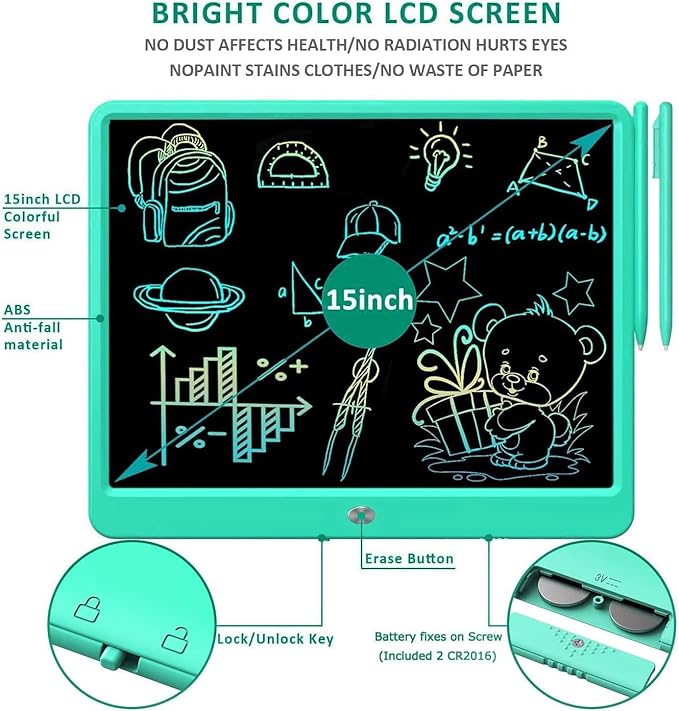 FLUESTON LCD Writing Tablet, Doodle Board Toys Gifts for 3-8 Year Old Girls Boys, 15 Inch Colorful Electronic Board Drawing Pad for Kids, Gifts for Toddler Educational Learning Travel Birthday, Green