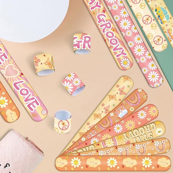 60 Pieces Groovy Slap Bracelets Hippie Boho Wristbands Daisy Flower Peace Rainbow Butterfly and Love Bracelets for 60s 70s Groovy Party Favors Gifts Birthday Party Supplies Decorations