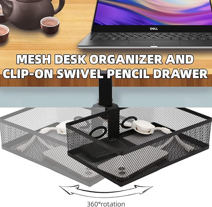 RHBLME Black Under Desk Drawer Storage - 360-Degree Rotating Desk Organizer Clamp-on Swivel Pencil Drawer Shelf for Office Tables