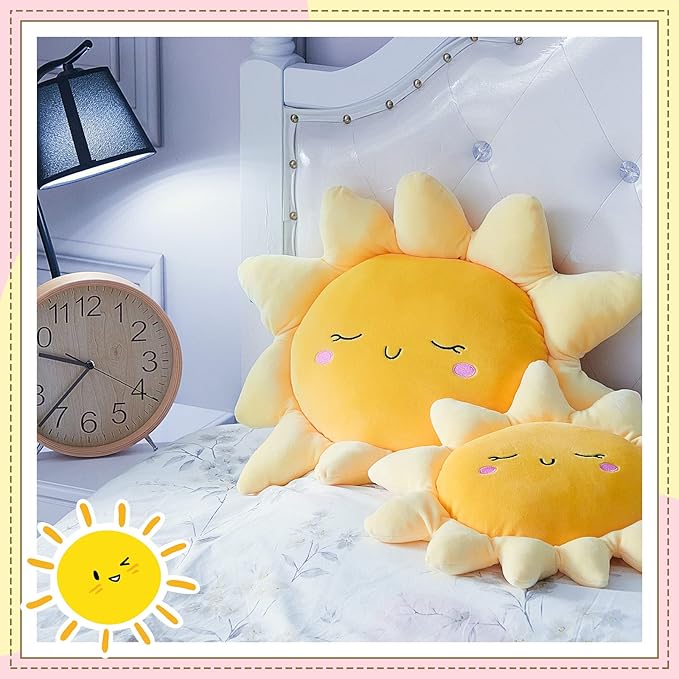 2 Pcs Plush Sofa Cushion Cute Stuffed Sun Shaped Floor Pillow Car Throw Pillow Soft Toy for Kids Women Girls Bedside Home Decoration 13.7 Inch, 23.6 Inch
