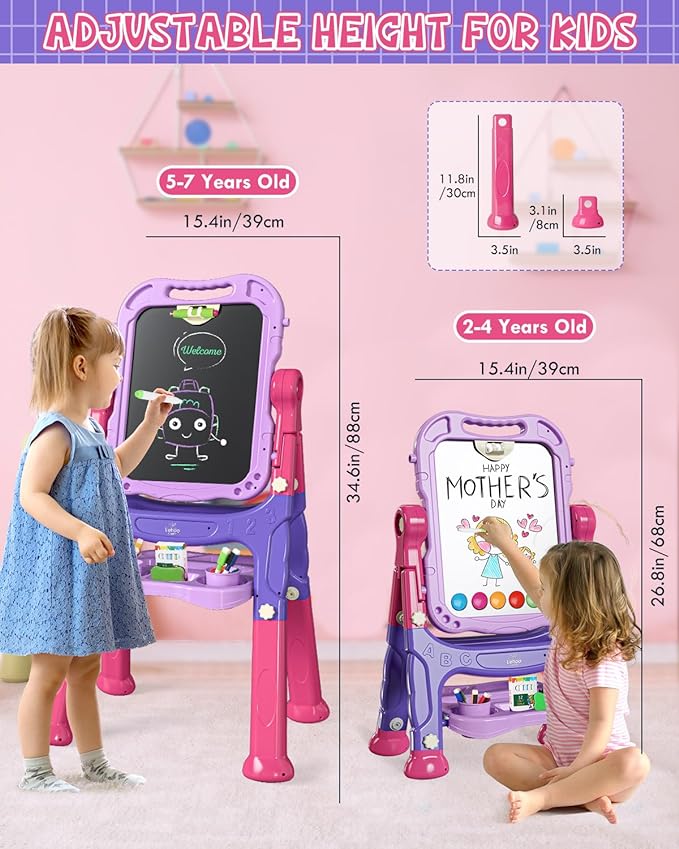 Lehoo Castle Easel for Kids, 4 in 1 Double Sided Kids Art Easel with Magnetic White Board & Chalk Board, Adjustable Standing Toddler Easel with Drawing & Writing Accessories - Gift for Boys and Girls