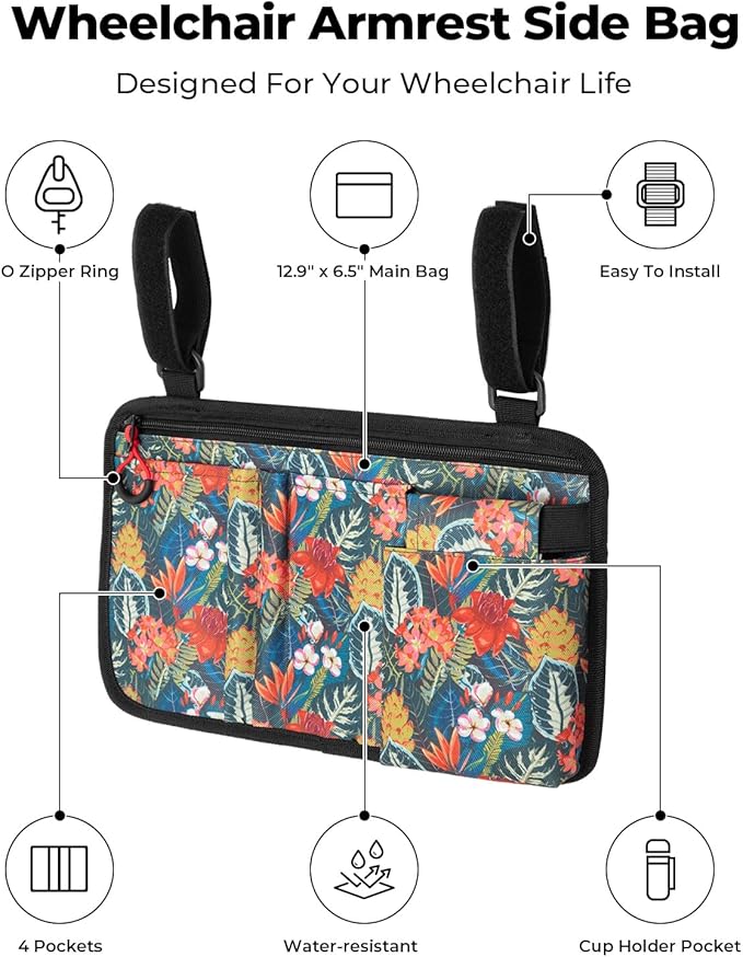 JOYTUTUS Walker Side Bag, Wheelchair Armrest Storage Pouch with Cup Holder, Wheelchair Accessories for Seniors, Walker Bag Cup Holder for Walker, Rollator, Electric Scooter or Wheelchair Green