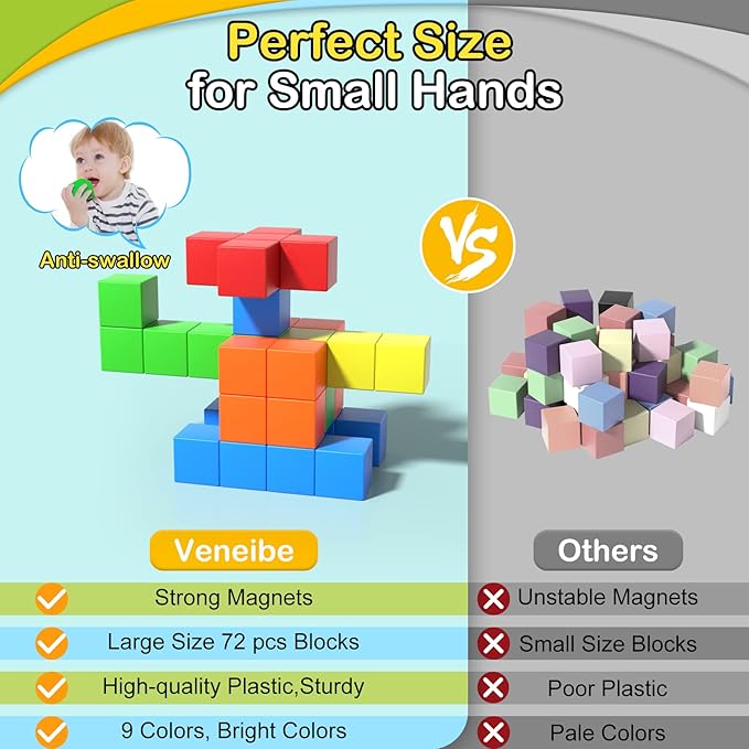 72pcs Magnetic Building Blocks for Toddlers, Large Magnet Construction Cube Toys for Kids, Preschool STEM Educational Sensory Montessori Square Toy for 3 4 5 6 Boys & Girls
