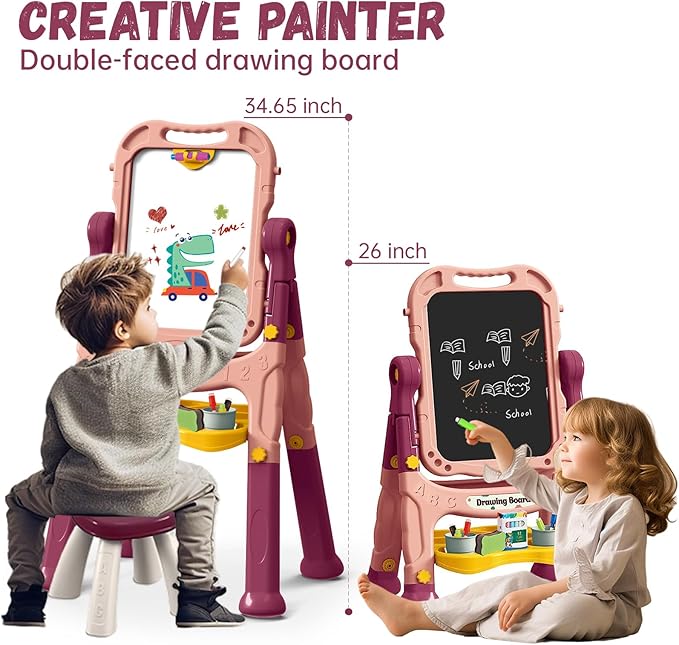 Art Easel for Kids with Magnetic Drawing Board, Double Sided Easel with Magnetic Letters & Numbers Easel, Adjustable Standing Easel for Toddler, Creative Play for Kids (Pink)