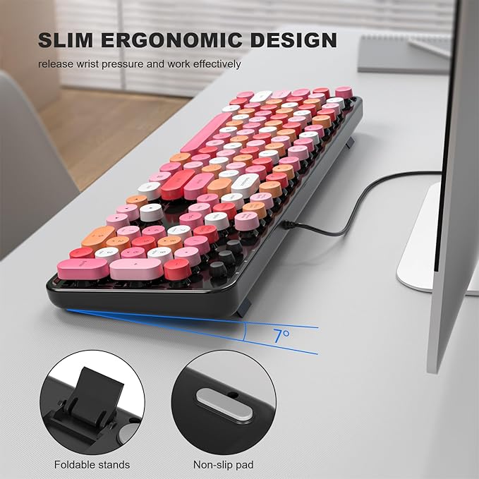 MOFII Computer Keyboards Wired, Plug Play USB Full Size Typewriter Keyboard, Cute Colorful Aesthetic Keyboard with Foldable Stands for Windows PC Laptop (Black Colorful)