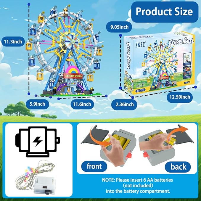 Rotating Ferris Wheel Building Blocks Kit with Lights Amusement Park Building Construction Toys Set for 6+ Year Boys Girls Birthday Gift, for Children 813pcs
