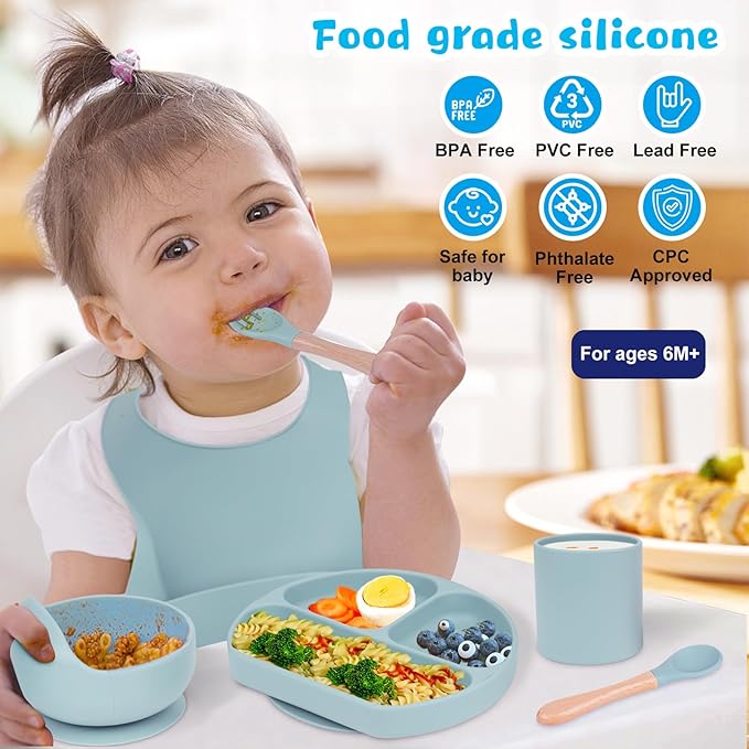 Silicone Baby Feeding Set|6 pcs Premium BPA-Free Baby Led Weaning Supplies with large Suction Baby Plates and Bowls Set,Infant Spoon,Bibs,Cup|Baby Eating Utensils for 6+ Months (Blue)