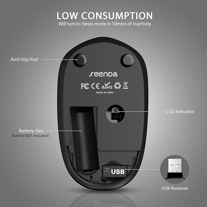 seenda Wireless Mouse - 2.4G Cordless Mice with USB Nano Receiver Computer Mouse with Noiseless Click for Laptop, PC, Tablet, Computer, and Mac - Black