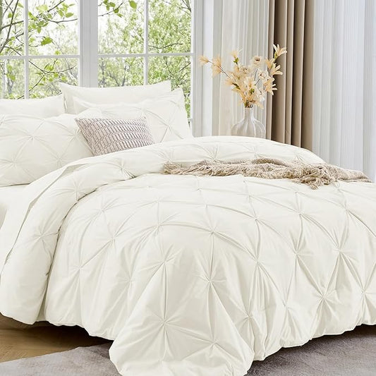 Sasttie Twin XL Comforter Set, 5-Piece Bed in a Bag, Pintuck Bedding Sets for All Season, Includes Comforter, Flat Sheet, Fitted Sheet, Pillowcase and Pillowsham, Ivory