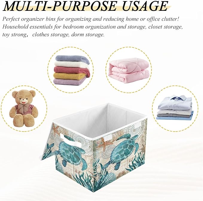 senya Large Storage Bins with Linen Collapsible Foldable Storage Cubes Fabric Closet Organizer Containers box with Flip-Top Lid for Home Bedroom Office 16.7 x 12.6 x 11.8in (Sea Turtle)