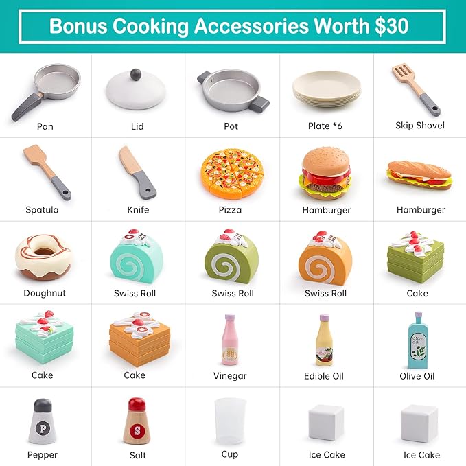 Bruvoalon Wooden Play Kitchen Toy Set for Kids, with Realistic Design, Sink with Faucet, Oven, Microwave, Utensils, Kitchenware Play Food Set Accessories, Birthday Gifts for Toddlers Boys Girl (Green)