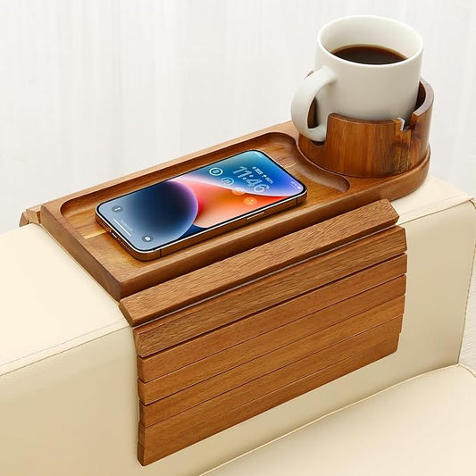 Couch Cup Holder Tray, 15.75" Acacia Wood Couch Armrest Table, 3 in 1 Foldable Sofa Clip on Side Table with 360° Phone Stand, Armrest Tray for Coffee Snacks