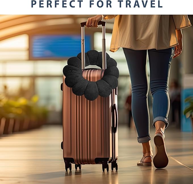 Total Pillow Donut Pillow for Airplane & Travel, Sleeping Neck Pillow, Microbead Comfortable Pillow for Neck, Head, Back, Lumbar & Pelvic Support, Twists to Many Positions - Black