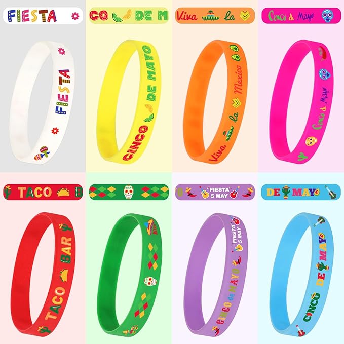 JUNEBRUSHS 24pcs Mexican Fiesta Party Favors Silicone Bracelets Cactus Guitar Hat Rubber Wristbands for Fiesta Mexican Birthday Party Decorations Gift Goodie Bag Stuffers(8 Designs)
