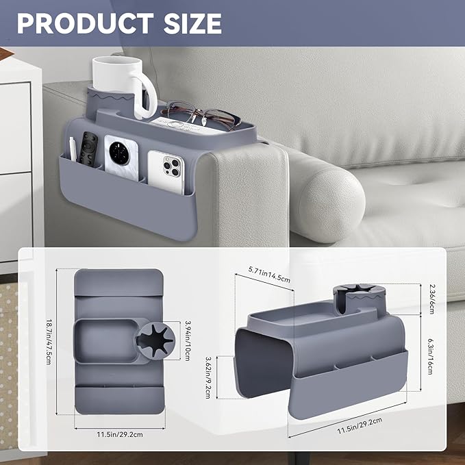 Couch Cup Holder Tray - Wide (6"+) ， Silicone Sofa Armrest Tray with Dual Pockets，Couch Arm Tray Anti-Slip Organizer for Drinks, Phone, Remote, Snacks | Heat Resistant for, Recliner, Car