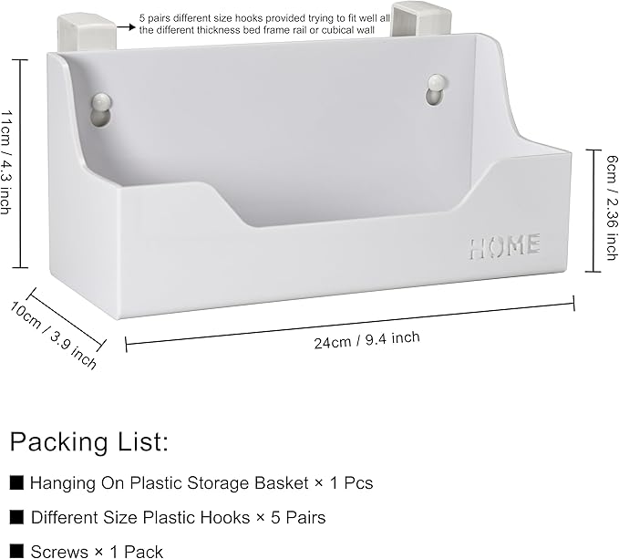 Bedside Caddy Hanging Storage Basket Little Size Plastic Beside Shelf Hang-on Storage Organizer for Collage Dorm Bunk Bed,Changing Table - Bedroom Essentials for Phone,Mini Speaker,Tissues (White)