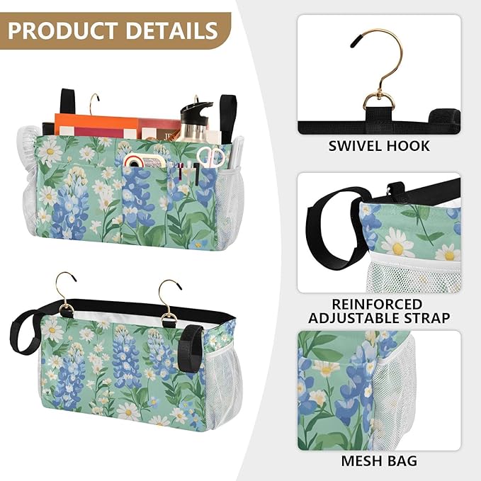 Mint Green Bluebonnet and Daisies Bedside Caddy for Dorm Bed Bedside Hanging Caddy Bag Iron Frame Storage Organizer Pocket for Bunk Home College Hospital Beds 2 Hooks