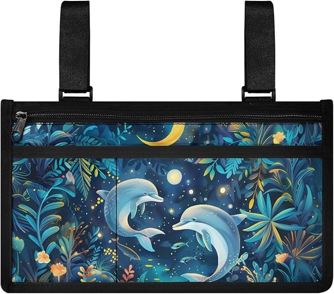 ZOUTAIRONG Blue Dolphin Wheelchair Bag wiht Cup Holder Wheelchair Side Bag for Adults Walker Bags and Pouches Wheelchair Bags to Hang on Side Power Wheelchair Accessories for Seniors Handicap