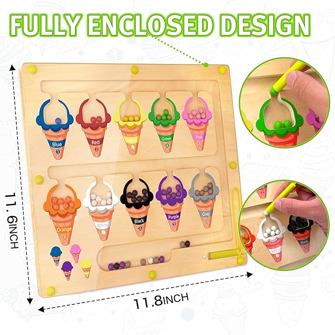 Ice Cream Magnetic Color and Number Maze, Montessori Color Sorting Puzzles Game for Kid, Counting Matching Board Toys, Learning Motor Skill Toy Gift for Boys Girls Toddlers Preschool 3 4 5 Years