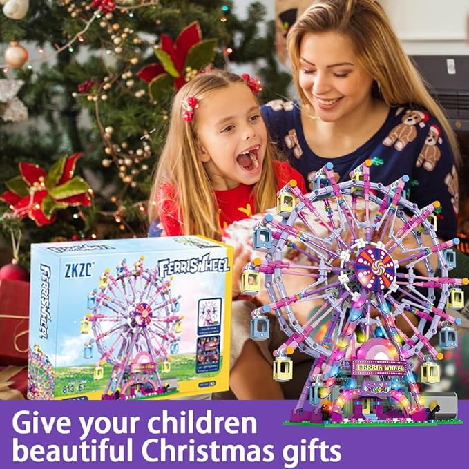 Rotating Ferris Wheel Building Blocks Set Toys with Lighting Kit, Carnival Amusement Park Construction Kits for Kids Children, Great Gift for Age 6+ Years Old（813pcs）-Pink