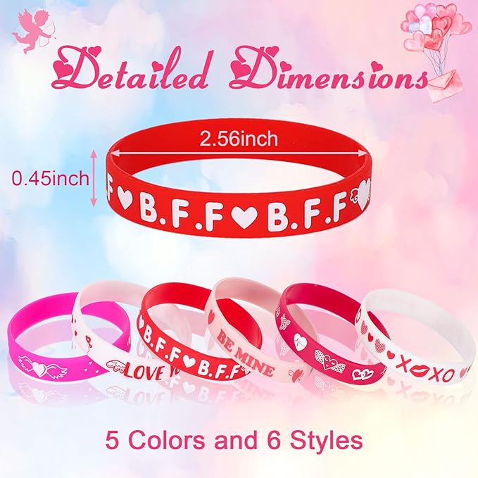 JUNEBRUSHS 24pcs Valentine's Day Party Favors Silicone Bracelets Red Pink Love Heart Wristbands for Kids Adults Valentine's Day Party Decorations Gift (6 Designs)