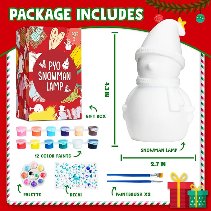 Christmas Crafts for Kid Adult, DIY Snowman Figurines, Art & Craft Supplies Painting Kits, Paint Your Own Lamp DIY Gift for Christmas Activities for Toddler Gril Boy Age 3 4 5 6 7 8 9 10 11 12 13