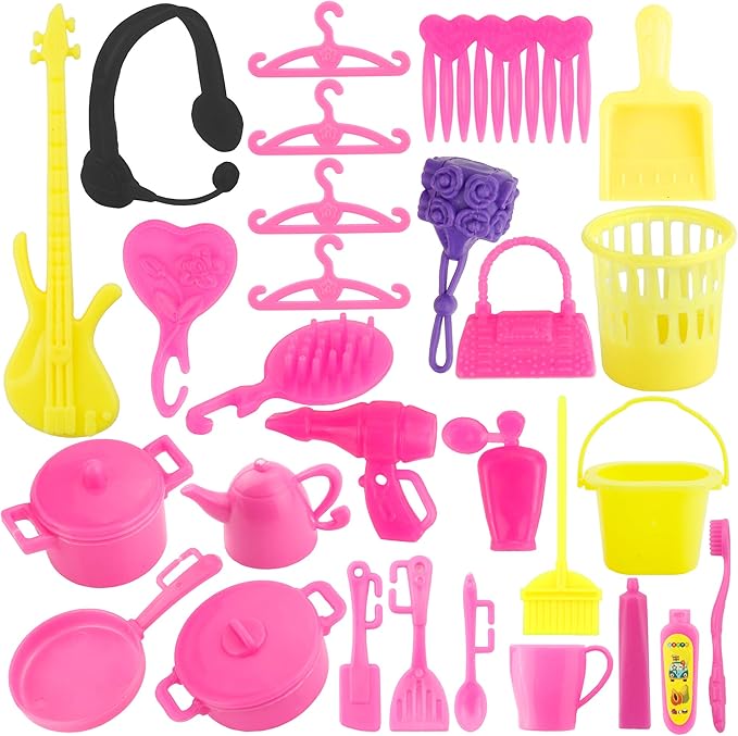 JANYUN Total 114pcs -16 Pack Doll Clothes Party Gown Outfits Set for Doll+ 98pcs Girl Dolls Dresses Accessories Shoes Bags Necklace Mirror Hanger Tableware (Playing Style)