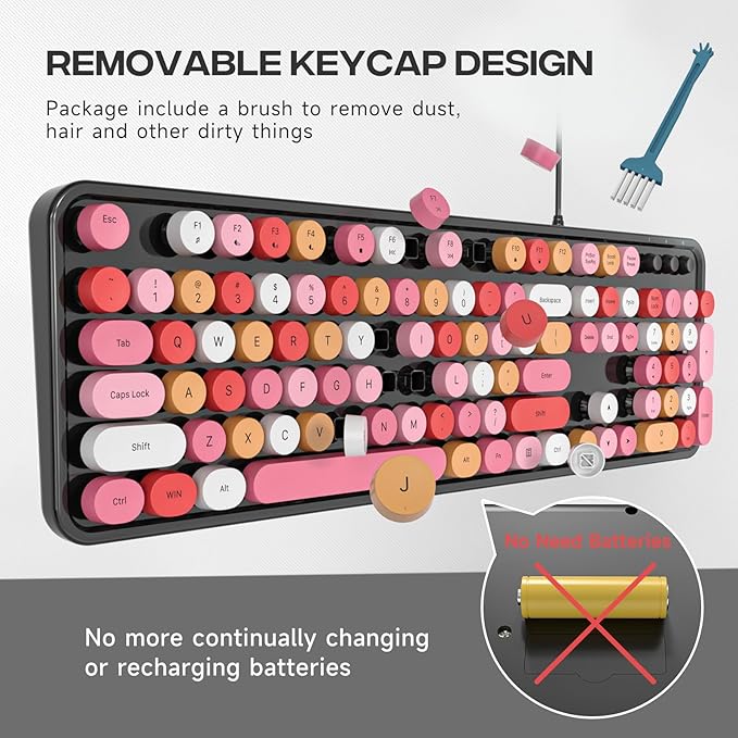Computer Keyboard Wired, Plug and Play USB Retro Round Typewriter Keyboard, Full Size Wired Keyboard with Foldable Stands for Laptop and Office PC- Black Colorful