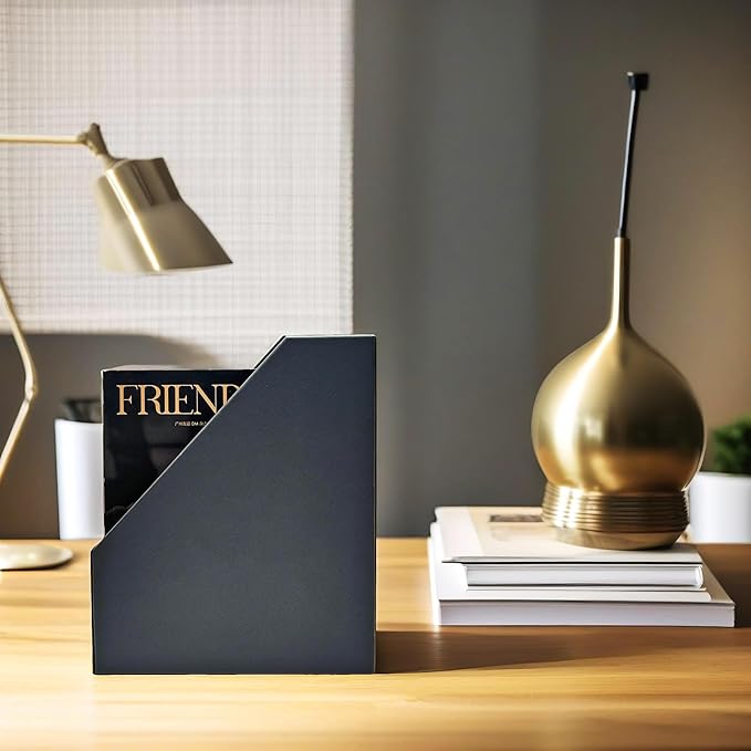 UnionBasic Magazine File Holder, Leatherette Desktop Document Organizer, Home Office Paper Holder File Storage Literature Sorter, Dark Grey