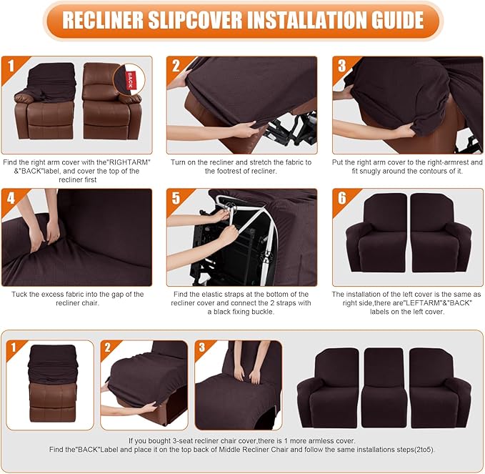 VANSOFY Recliner Cover, 3-Pieces Stretch Reclining Couch Covers with Pockets Reclining Sofa Slipcovers 3 Seater Soft Washable Furniture Protector for Dogs Cats(Chocolate)