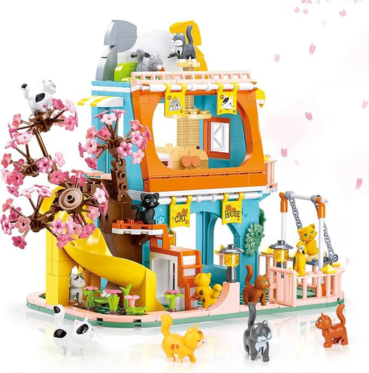 QLT QIAOLETONG Cute Cat House Toy Building Set for Girls 6-12, Compatible with Lego Friends, 521 PCS Friendship House Building Blocks Kit with Animals, Ideas Birthday Gift for Kids Boys 8-12