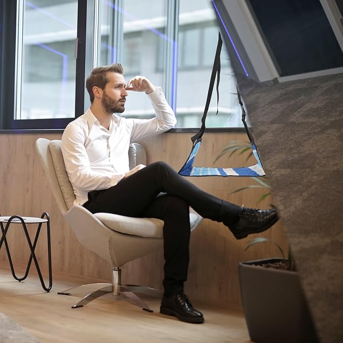 WRITWAA Portable Airplane Foot Hammock Travel Footrest 48X24Cm Blue Striped Footrest for Flight, Bus, Office, Home – Lightweight Hanging Foot Support for Long Trips and Air Travel