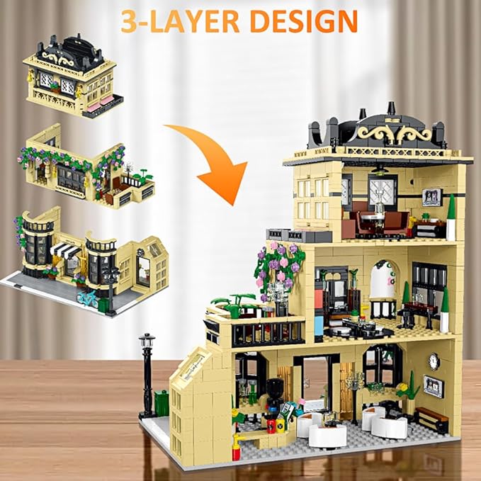 City Cafe Building Block Set with LED Light, 1443 PCS Modular Architecture Three Story City Cafe Building Blocks Toys Cafe Construction Model for Kids, Teens and Adults