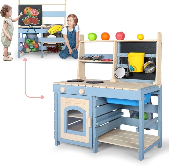 2 in 1 Wooden Mud Kitchen, Outdoor Play Kitchen with Removable Sink,Water Box & Faucet,Stove Top, Storage Bags& Metal Basket,Kitchen & Grocery Store Backyard Outdoor Pretend Kitchen for Kids