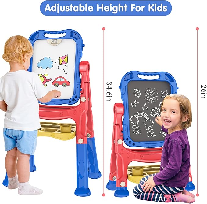 Amagoing Easel for Kids, Adjustable Standing Art Easel for Toddler, Double Drawing Board with Painting Accessories, Birthday Christmas Gift for Little Boys and Girls, Middle Size Blue+Red