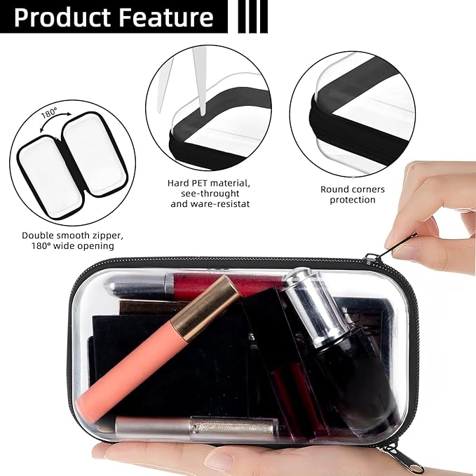 Clear Hard Shell Zipper Case,Clear Toy Storage Pouch,Waterproof Transparent Organizer Comestic Case for Travel, Office, Home (Black, M+2*S)