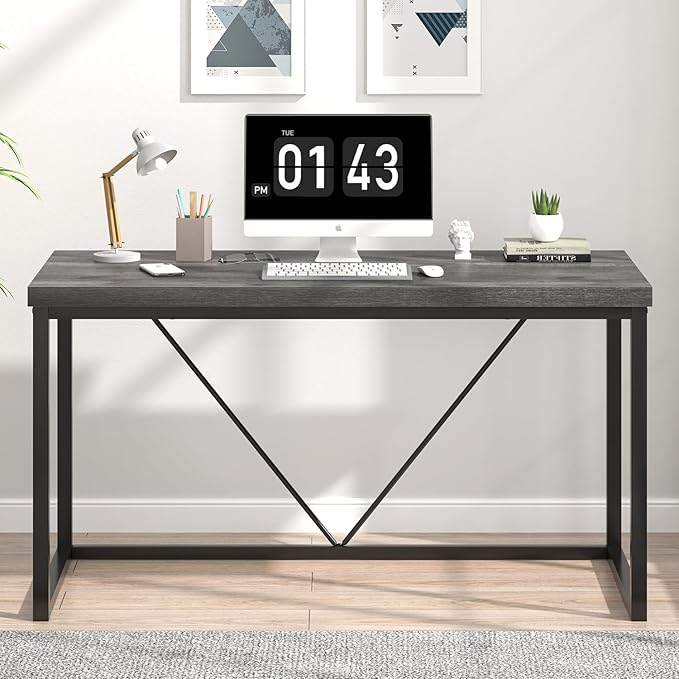 EXCEFUR Modern Computer Desk, Small Home Office Desk, Wood and Metal Writing Study Table Workstation for Bedroom Living Room, Rustic Grey, 47 inch
