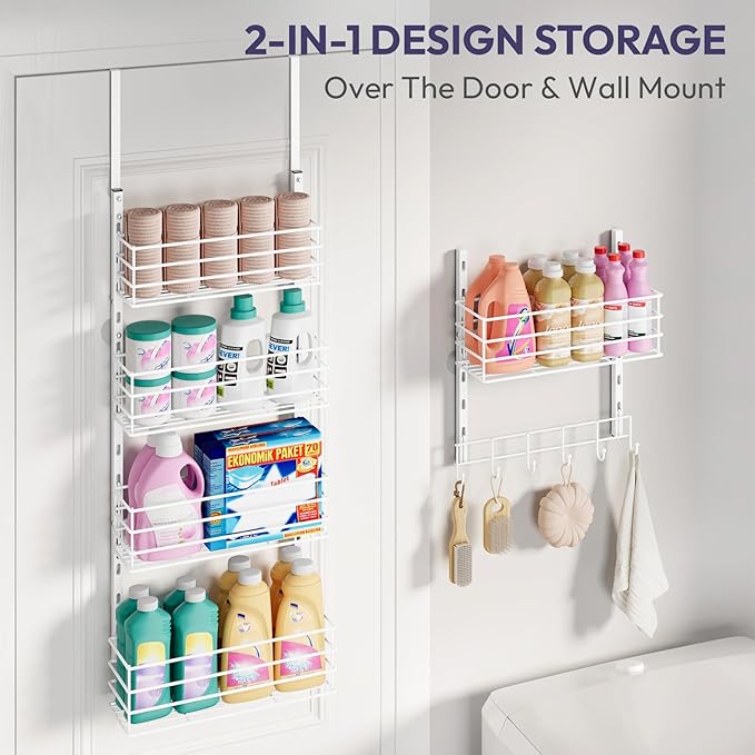 SWTYMIKI Over The Door Organizer - Door Organizer Hanging with 5 Adjustable Metal Large Capacity Basket and 6 Coat Hook, Wall Mounted Shelf for Bedroom Closet Bathroom Laundry Pantry Cabinet Kitchen