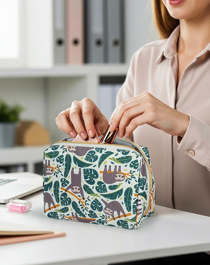 Aosbos Small Travel Makeup Pouch - Cosmetic Bag for Women - Green Leaf