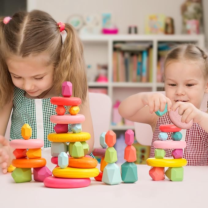 OESSUF Stacking Rocks 26Pcs Stacking Blocks Balancing Stacking Stones Wooden Building Toys Wood Stone Stacking Game for Toddler Sorting Preschool Educational Montessori Stacking Rocks for Kids