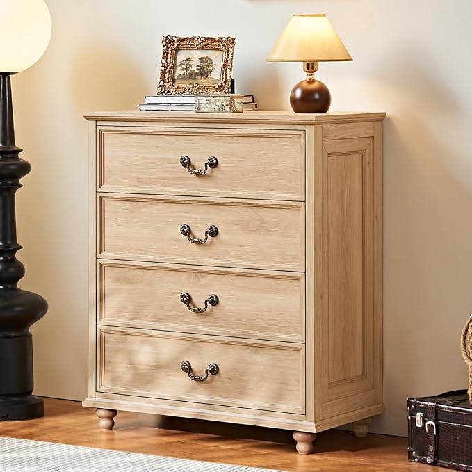 Farmhouse 4 Drawer Dresser for Bedroom, 37" Tall Rustic Chests of Drawers w/ 4 Solid Wood Feet, Mid Century Modern Wooden Closet Storage Dressers Organizer for Living Room, Hallway,Natural