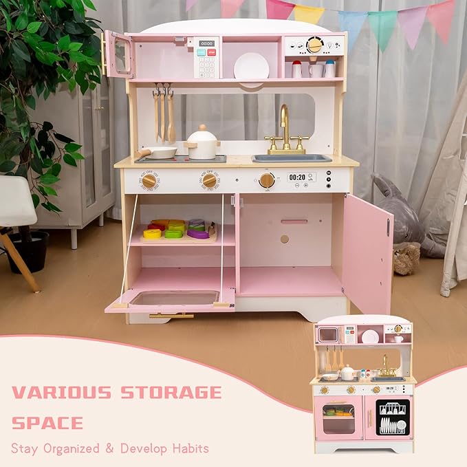 Garsing Play Kitchen Pretend for Kids Toddlers, Double Sided Toy Kitchen and Restaurant with Realistic Features, Wooden Toy Kitchen Sets with Storage and Accessories, Age 3+, Pink