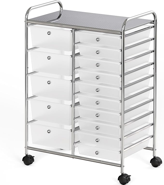 Simple Houseware Utility Cart with 15 Drawers Rolling Storage Art Craft Organizer, Chrome