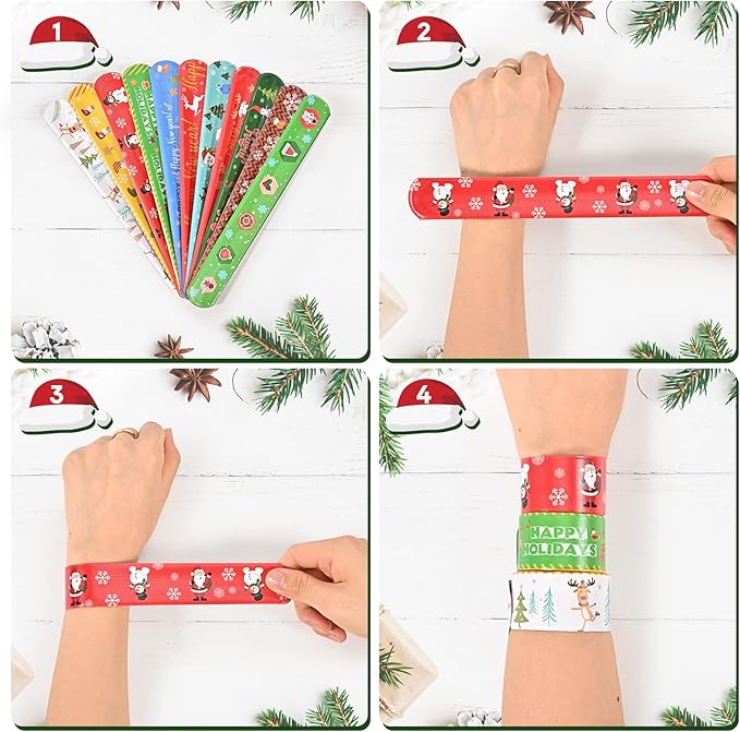 GlyinnHe 48Pcs Christmas Slap Bracelets, Xmas Snap Bracelet Snata Claus Reindeer Wristband for Party Favors Gift Bag Filler School Prizes