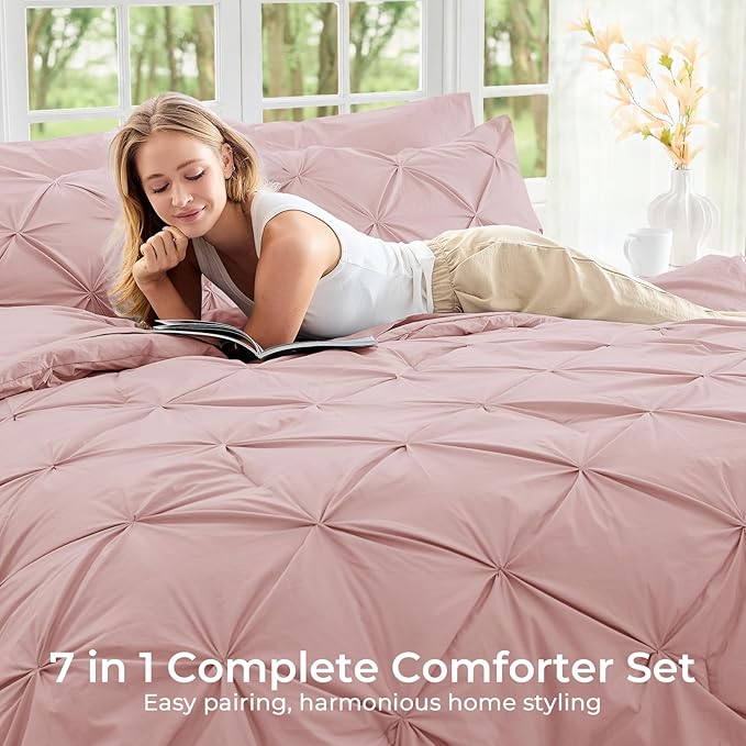 Sasttie Twin Comforter Set, 5-Piece Bed in a Bag, Pintuck Bedding Sets for All Season, Includes Comforter, Flat Sheet, Fitted Sheet, Pillowcase and Pillowsham, Rose Gold