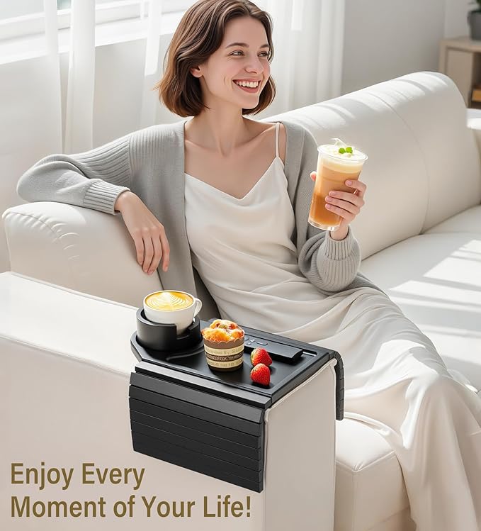 Couch Arm Tray, Bamboo Sofa Table for Couch, Sofa Arm Tray with Cup Holder, Non-Slip Armrest Organizer for Drink, Cup, Snack, Control, Easy to Clean, Black
