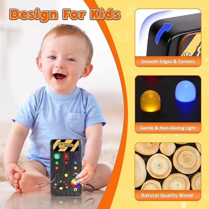 Busy Board Montessori Toys for Toddler, Wooden Sensory Board Switch Toy with Color-Changing LED Light Up Travel Toys Educational Plane Travel Activity for 1-6 Year Old Girls & Boys Gifts