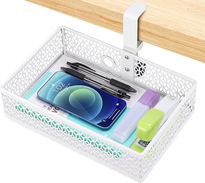 ROSYLIN Heavy Duty Clamp On Under Desk Drawer Organizer Storage Tray Basket with Non-Slip Pad Hanging Mount for Home Office Studio Bedroom or Dorm (white)